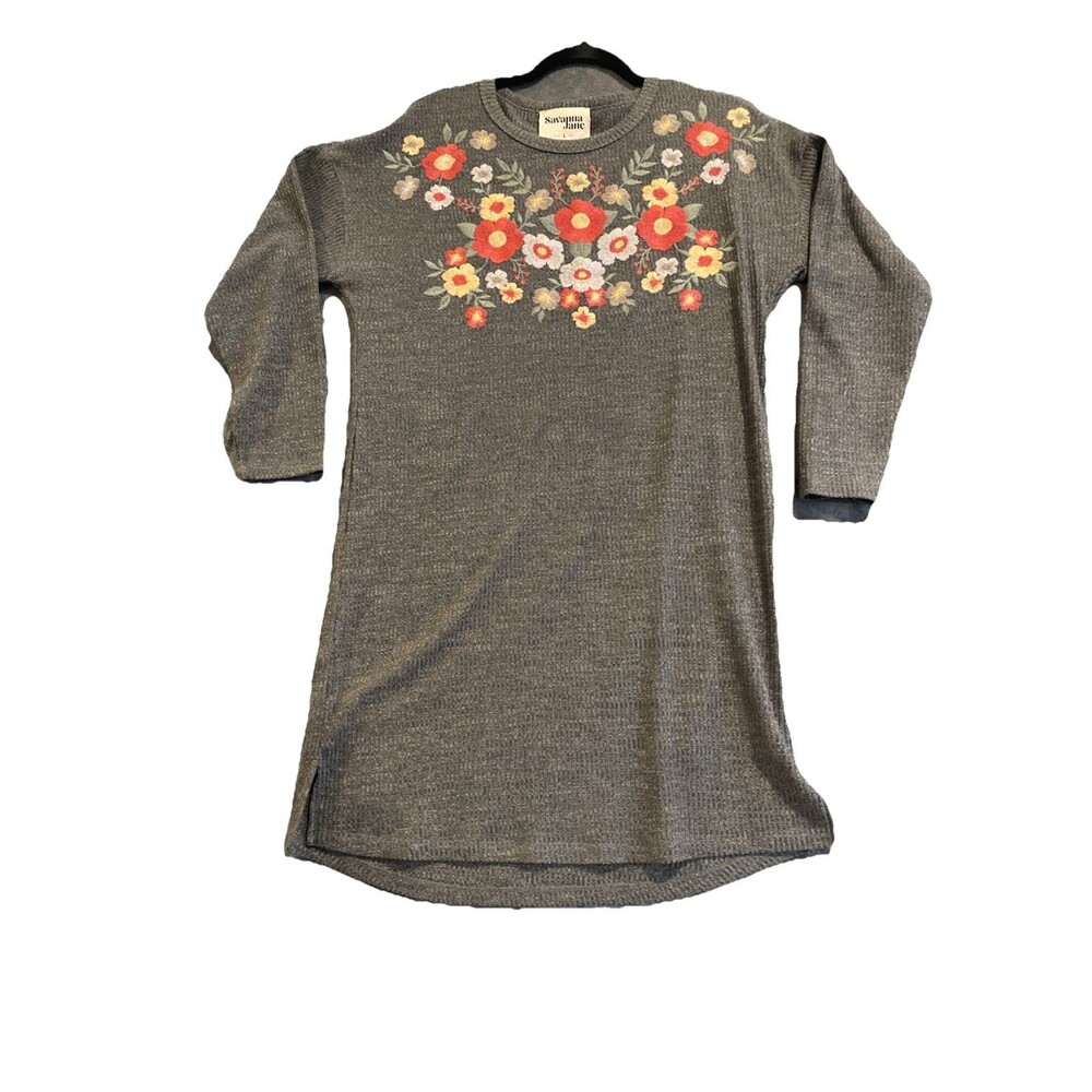 Savanna Jane Sweater Dress Women Large Gray Floral Embroidered Boho Cabincore